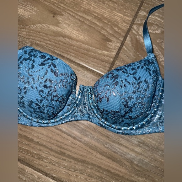 Victoria's Secret Very Sexy Floral Metallic Lace Studded Balconet Bra Blue 32B - Picture 11 of 16